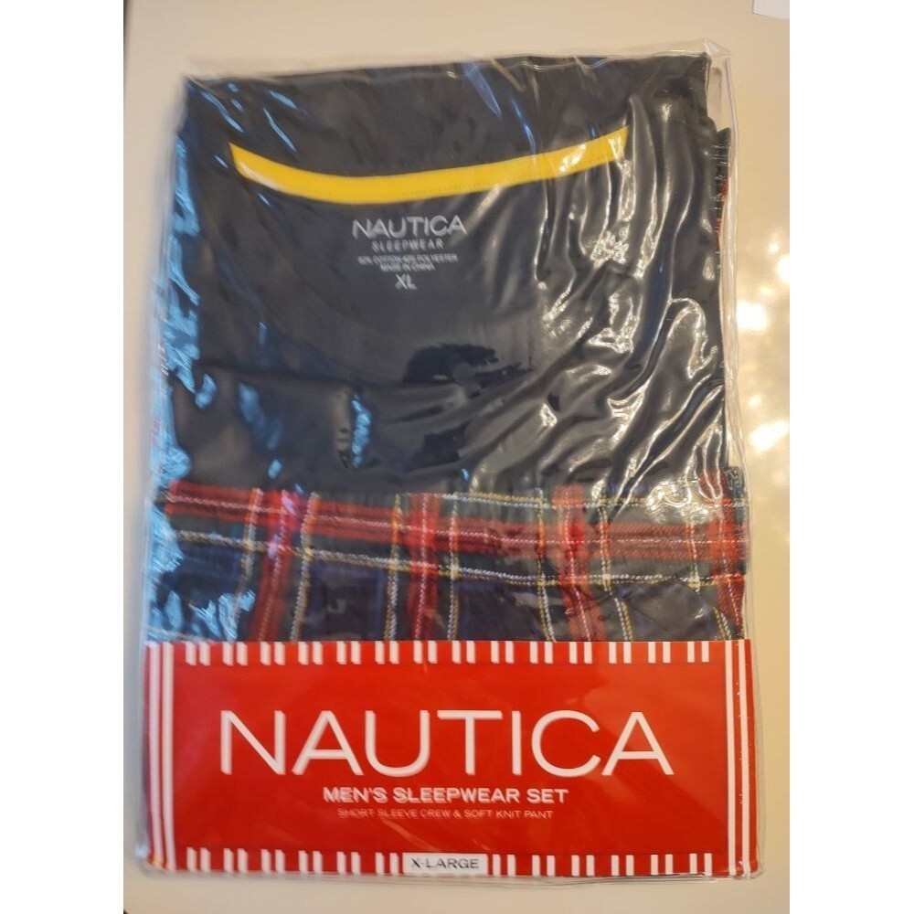 New Nautica Men's 2 pcs Set Short Sleeve Crew & Soft Knit Plaid Pants Size XL